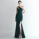Satin Slim One Shoulder Long Celebrity Dinner Slim Fit Fishtail Dress Wedding Car Model Exhibition Dress