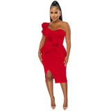 Fashion Casual Ruffle Slit One Shoulder Sleeve Dress Women