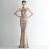 Positioning flower sequins evening dress craft beading Halter Neck style Chic glamorous lady Formal Party long gown