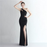 Satin Slim One Shoulder Long Celebrity Dinner Slim Fit Fishtail Dress Wedding Car Model Exhibition Dress