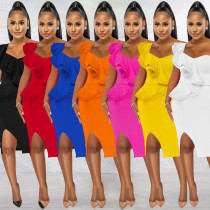Fashion Casual Ruffle Slit One Shoulder Sleeve Dress Women Fashion Casual Ruffle Slit One Shoulder Sleeve Dress Women