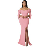 Ruffle Edge Off Shoulder Slim Fit Sexy Slit Women's Dress