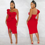 Fashion Casual Ruffle Slit One Shoulder Sleeve Dress Women