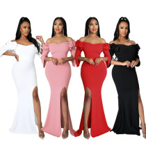 Ruffle Edge Off Shoulder Slim Fit Sexy Slit Women's Dress Ruffle Edge Off Shoulder Slim Fit Sexy Slit Women's Dress