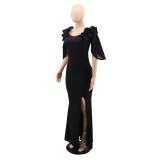 Ruffle Edge Off Shoulder Slim Fit Sexy Slit Women's Dress