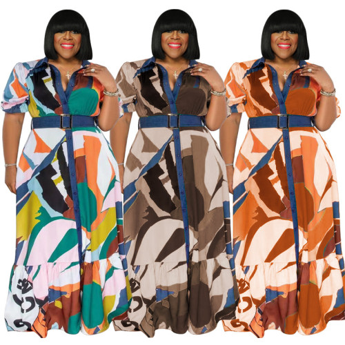 Summer Multi-Color Print Belted Loose Plus Size Women's Maxi Dress
