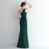 Satin Slim One Shoulder Long Celebrity Dinner Slim Fit Fishtail Dress Wedding Car Model Exhibition Dress