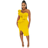 Fashion Casual Ruffle Slit One Shoulder Sleeve Dress Women