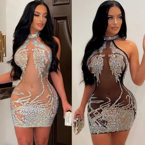 Summer Women's Sexy Tight Fitting Mesh Beaded See-Through Nightclub Ladies Dress
