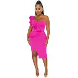 Fashion Casual Ruffle Slit One Shoulder Sleeve Dress Women