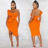 Fashion Casual Ruffle Slit One Shoulder Sleeve Dress Women