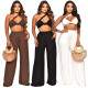 Women Summer Slash Shoulder Sleeveless Top + Solid Color Wide Leg Pants Two-Piece Set