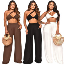 Women Summer Slash Shoulder Sleeveless Top + Solid Color Wide Leg Pants Two-Piece Set Women Summer Slash Shoulder Sleeveless Top + Solid Color Wide Leg Pants Two-Piece Set