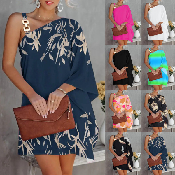 Women Summer Bat Sleeves Off Shoulder Metal Slip Dress