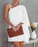 Women Summer Bat Sleeves Off Shoulder Metal Slip Dress