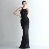 Positioning flower sequins evening dress craft beading Halter Neck style Chic glamorous lady Formal Party long gown