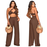 Women Summer Slash Shoulder Sleeveless Top + Solid Color Wide Leg Pants Two-Piece Set