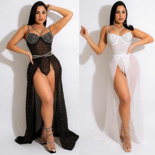 Women Beaded suspenders dress two-piece set