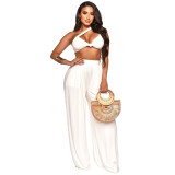 Women Summer Slash Shoulder Sleeveless Top + Solid Color Wide Leg Pants Two-Piece Set