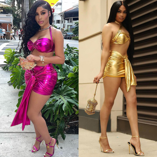 Lace Up Sexy Shiny Stretch Pu Lether Top and Dress Two Piece