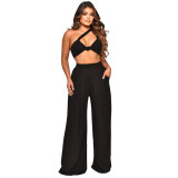 Women Summer Slash Shoulder Sleeveless Top + Solid Color Wide Leg Pants Two-Piece Set