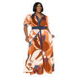 Summer Multi-Color Print Belted Loose Plus Size Women's Maxi Dress