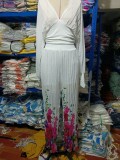 Women's Printed V-Neck Bat Sleeves Pleated Pant Set