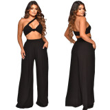 Women Summer Slash Shoulder Sleeveless Top + Solid Color Wide Leg Pants Two-Piece Set