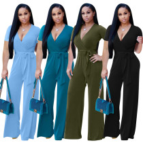 Summer Short Sleeve Wrap V-Neck Solid Loose Jumpsuit Summer Short Sleeve Wrap V-Neck Solid Loose Jumpsuit
