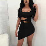 Women'S Summer Sexy Open Waist Belted Round Neck Sleeveless Irregular Dress