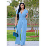 Summer Short Sleeve Wrap V-Neck Solid Loose Jumpsuit