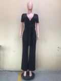 Summer Short Sleeve Wrap V-Neck Solid Loose Jumpsuit