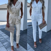 Summer Women'S Solid Color Turndown Collar Sleeveless Professional Jumpsuit Summer Women'S Solid Color Turndown Collar Sleeveless Professional Jumpsuit
