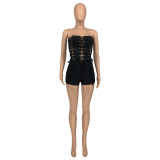 Women Summer Black Sexy Off-the-shoulder Sleeveless Solid Bandage Rompers