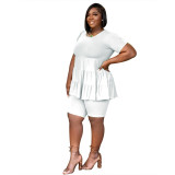 Plus Size Women Summer Solid Round Neck Pleated Short Sleeve Top + Shorts Two Piece