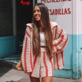 Women Turndown Collar Button Stripe Sweater + Shorts Two-Piece Set