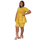 Plus Size Women Summer Solid Round Neck Pleated Short Sleeve Top + Shorts Two Piece