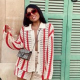 Women Turndown Collar Button Stripe Sweater + Shorts Two-Piece Set
