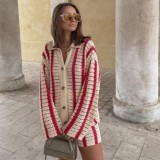 Women Turndown Collar Button Stripe Sweater + Shorts Two-Piece Set