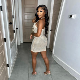 Women Summer Sexy Straps Beaded Mini Bodycon Dress