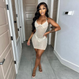 Women Summer Sexy Straps Beaded Mini Bodycon Dress