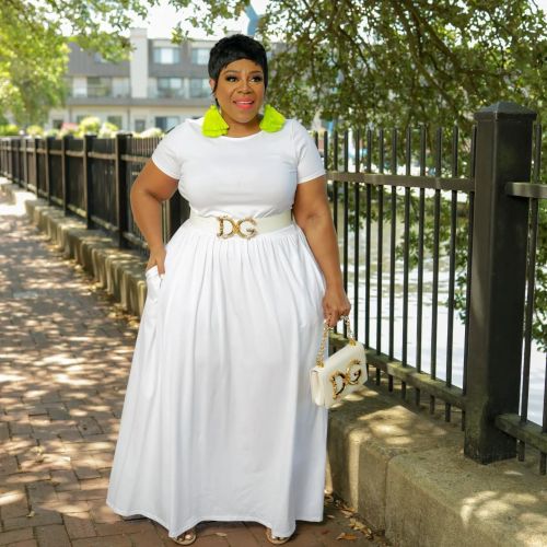 Women clothes Solid Slim Waist Short Sleeve Swing Plus Size Dress