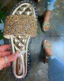 women Round head flat bottom rhinestone slippers beach slippers Plus Size one-line rhinestone slippers