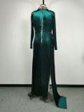 Autumn Winter Women clothes Velvet High Neck Sexy Hollow Out Slit Evening Dress