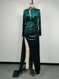 Autumn Winter Women clothes Velvet High Neck Sexy Hollow Out Slit Evening Dress