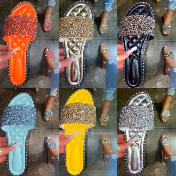 women Round head flat bottom rhinestone slippers beach slippers Plus Size one-line rhinestone slippers