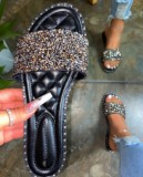 women Round head flat bottom rhinestone slippers beach slippers Plus Size one-line rhinestone slippers