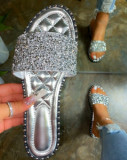 women Round head flat bottom rhinestone slippers beach slippers Plus Size one-line rhinestone slippers