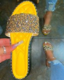 women Round head flat bottom rhinestone slippers beach slippers Plus Size one-line rhinestone slippers