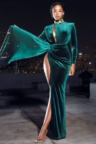 Autumn Winter Women clothes Velvet High Neck Sexy Hollow Out Slit Evening Dress Autumn Winter Women clothes Velvet High Neck Sexy Hollow Out Slit Evening Dress